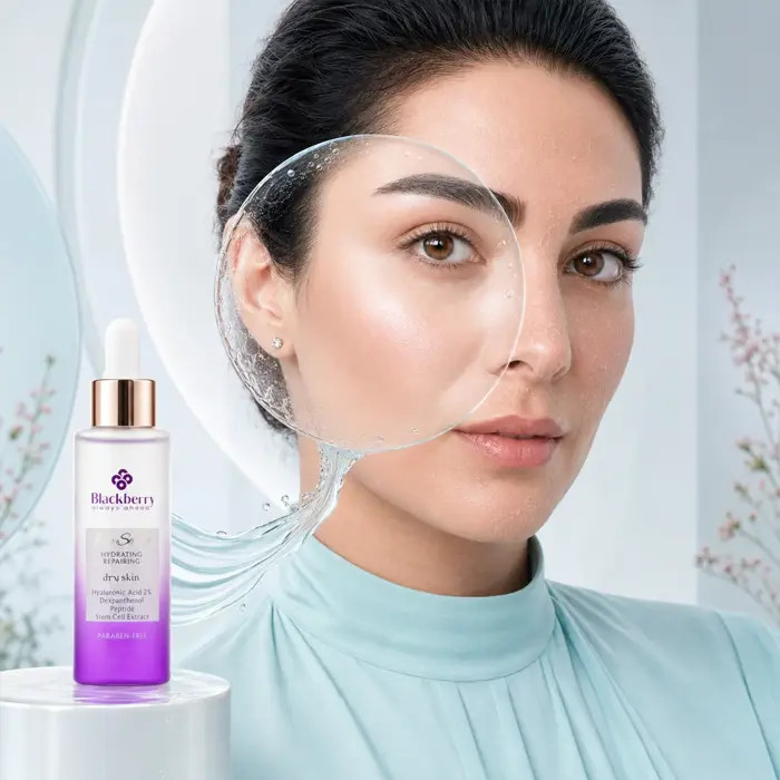 سرم صورت آبرسان و ترمیم کننده بلک بری حاوی ۲٪ هیالورونیک اسید و دکسپانتنول مناسب پوست خشک